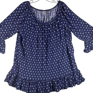 Terra & Sky Womens‎ 1X Blouse Blue Sapphire Diamond Print Peasant Top Ruffle
